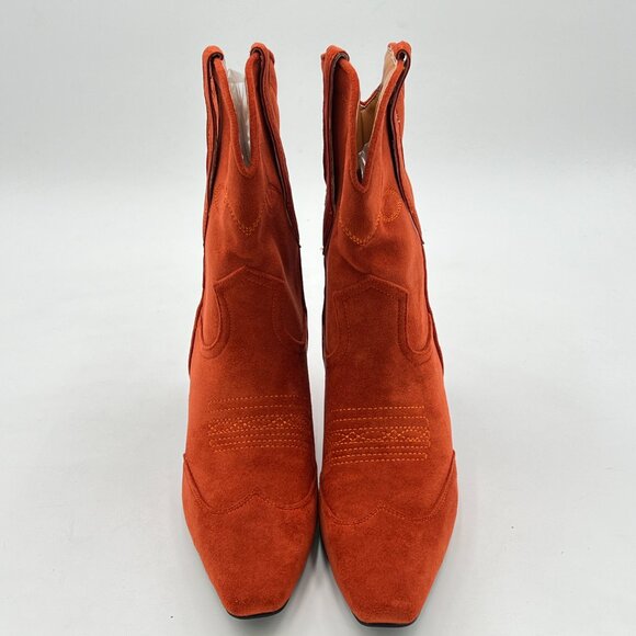 Brown Orange Square Toe Comfort Kitten Low Heel Ankle Boot Pull On Bootie Winter - Picture 2 of 6